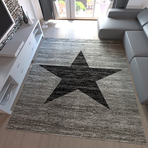 Kurzflor Teppich Wohnzimmer Stern Muster Meliert Rot Schwarz Beige Grau, Farbe:Grau, Maße:160x220 cm