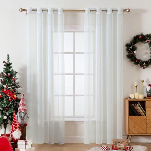 MIULEE 2er Set Voile Vorhang mit Ösen Gardine aus Voile Polyester Transparent Wohnzimmer Luftig Dekoschal für Schlafzimmer Elfenbein 260 x 140cm (H x B), Grommet Top