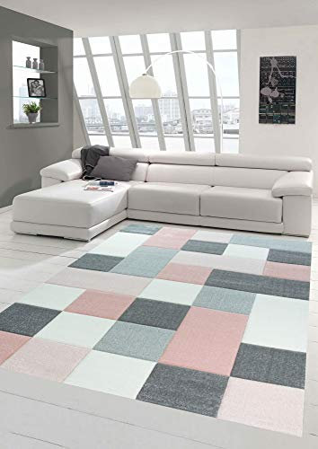 Designer und Moderner Teppich mit Karo Muster in Rosa Grau Creme Größe 200 x 290 cm