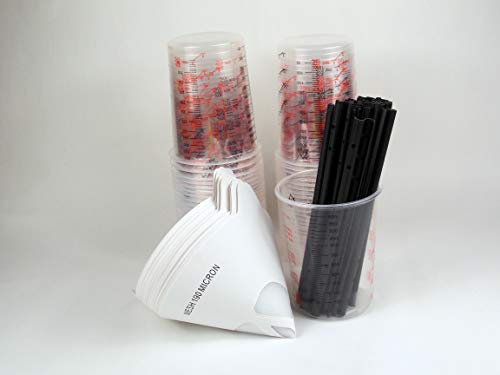 25 x Plastic Paint Mixing Cups 600cc 25 Mixing Stick & 25 Paint Strainers