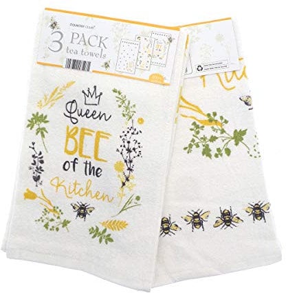 COUNTRY CLUB 100% Cotton Pack of 3 Queen Bee of The Kitchen Design Velour Kitchen Tea Towels