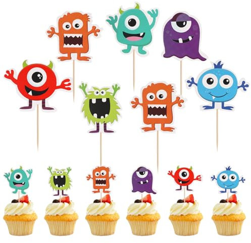 Amosfun Monster Cake Topper 12 StüCk, Bunte Papier Kuchen Dekorationen FüR Geburtstag, Babyparty, Gartenparty, Firmenevent, Cartoon-Muster Design, Wiederverwendbar Und Einfach Zu Verwenden