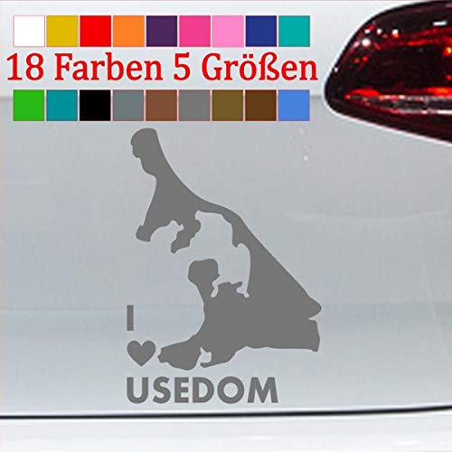 generisch Usedom Aufkleber Ostseeinsel Urlaub Camping KFZ Umriß I Love Auto Kontur 90-Silber 8,5x6cm