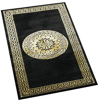 CARPETIA Teppich Wohnzimmer mit Bordüre Mäander Muster schwarz Gold Größe 80x150 cm