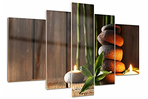 Tulup Tableau sur Verre 5 pièces Art Mural 170x100cm Impression Image Verre Trempé Décoration Murale Tableau Peinture Murale Cadre Triptyque Polyptyque - Pierres Bambou Zen