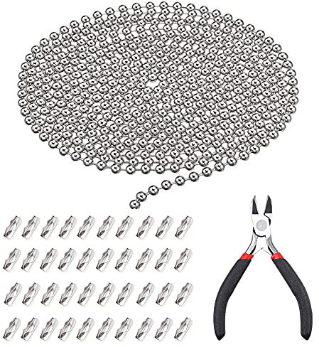 Zasvec Kugelkette Edelstahl 15M Lange kugelketten Edelstahlkette Meterware Kugelkette Halskette Kugelkette Set 2.4 mm Durchmesser mit 150 Kugelketten Verbinder 1 Schmuckzange