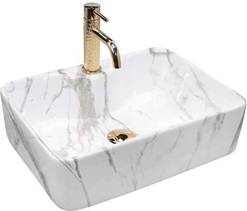 Rea Waschbecken Waschtisch Aufsatzwaschbecken Keramik Hochglanz Handwaschbecken Aufsatz Waschschale Kelly Rechteckig 38x50 Stein Marmor