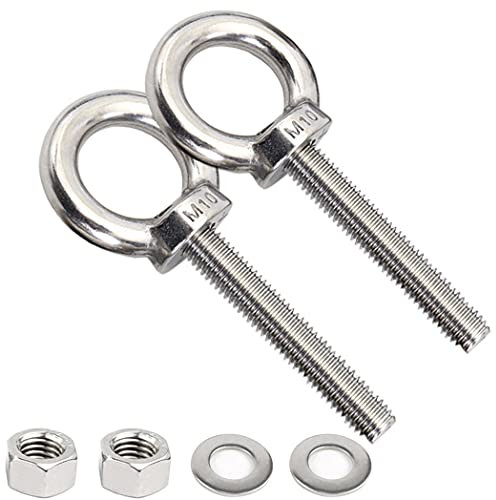 AIVOOF Stainless Steel Eye Bolts, 2 Pack M10 Shoulder Eye Bolt 2 Heavy Duty EyeBolts Screws in Eye Hooks with Washer and Nuts for Lifting Ring Eyebolt Thread Length 50mm