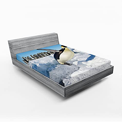 ABAKUHAUS Pinguin Spannbetttuch, Detaillierte Arctic Foto, Soft Dekorativer Stoff Bettwäsche Rund-um Elastischer Gummizug, 180 cm x 200 cm, Aqua Schwarz