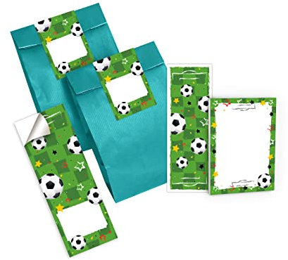 6 Lesezeichen + 6 Mini-Notizblöcke + 6 Geschenktüten (Petrol) + 6 Aufkleber Fussball Fußball Mitgebsel Gastgeschenk beim Kindergeburtstag Jungen