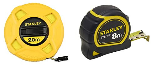 Stanley mètre Ruban 20 m x 12,7 mm en Fibre de Verre 40 Brins - Précision Classe III - Graduation Tous les 2mm - Jaune Fluo Plus Lisible & Mètre 8 M X 25 Mm Bi Matière Tylon - Boitier Ergonomique