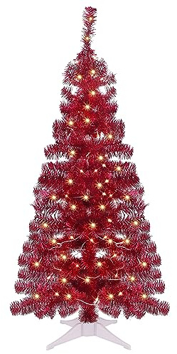 Juegoal 4 FT Pre-lit Artificial Christmas Tree, Lighted Red Tinsel Pine Spruce Tree with 70 LED Lights, 8 Modes & Timer, Xmas Holiday Home Party Decor