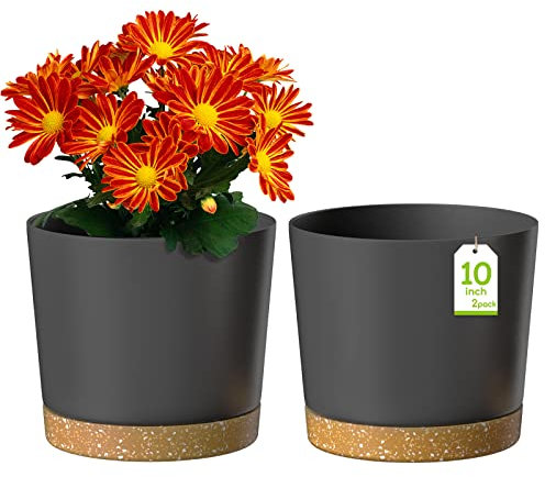 ZMTECH Blumentopf 25 cm Durchmesser übertöpfe für zimmerpflanzen, Kunststoff blumentöpfe mit Untersetzer und Abflusslöchern, Rund pflanztöpfe für Innen Außen Pflanzen(2er-Set, Dunkel Grau)