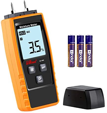 Digitaler Feuchtigkeitsmesser, 8 in1 Pin Holzfeuchtemessgerät, Holzfeuchtemesser für Brennholz/Holz/Trockenbau/Holz/Ziegel/Putz/Boden/Papier – Wasserlecksensor Detektor & Feuchtigkeitstester Gelb