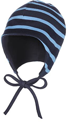 modAS Baby Mütze aus Baumwolle - Kopfbedeckung Mädchen Jungen mit Bindeband und Ohrenschutz in Blau-Azur 43 cm - ca. 6-9 Monate