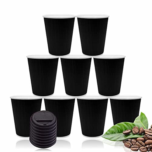 LORD C Ripple Hot Cups Insulated Reusable Kraft Paper Cup with Leak Proof Sip Lids Ideal for Takeaway Hot and Cold Drinks Coffee Tea Espresso Or Hot Chocolate Eco-Friendly Safe (Black, 8)
