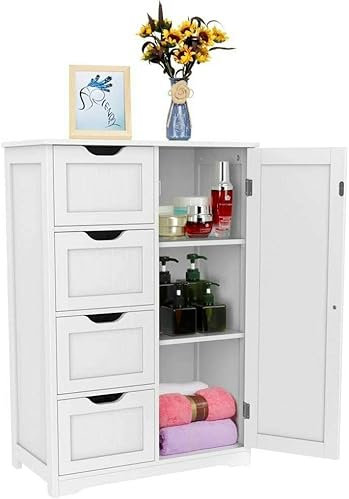FEFE® Bathroom Floor Cabinet with 4 Drawers 2 Shelves 1 Door Organizer Wooden Storage Unit White Cupboard Sideboard
