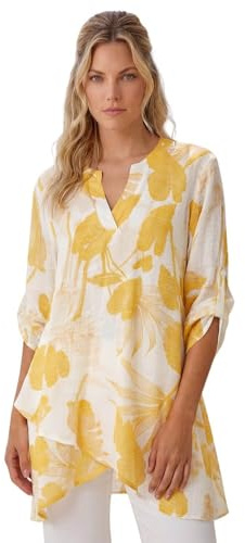 Roman Originals Floral Print Tunic Top for Women UK Ladies Casual Shirt Smart Blouse Asymmetric Wrap Hem Summer Holiday Party Cruise 3/4 Sleeve Longline Oversized - Yellow - Size 20