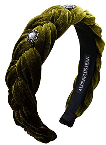 Alpenflüstern Trachten-Haarreif Samt Flechtoptik Helena - Damen Haarschmuck geflochten mit Perlen-Ornament, Haarband rutschfest fürs Dirndl (grün) ADV133