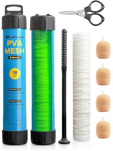 Realure Kit de Maille en PVC de 5 m avec Ciseaux, 18 mm, 25 mm, 37 mm, 44 mm de Large, Accessoires de Pêche à la Carpe avec Entonnoir et Système de Piston, Recharge de Sac de Pêche (18mm)