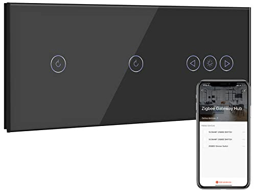 BSEED Zigbee Interrupteur Double avec Variateur de Lumière,1 Gang 1 Voie Interrupteur Connecté WiFi Noir,Compatible avec Alexa et Google Home,Contrôle Vocal et Fonction de Temps(NÉCESSITE TUYA HUB)