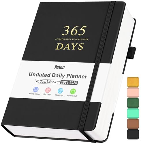 Planer, Undatierter Tagesplaner mit To Do Liste, 365 Tage Planer für ADHS Erwachsene, Agenda für Frauen Männer, Produktivitätsplaner mit Kalender, 21.1 cmx14.7 cm (Schwarz)