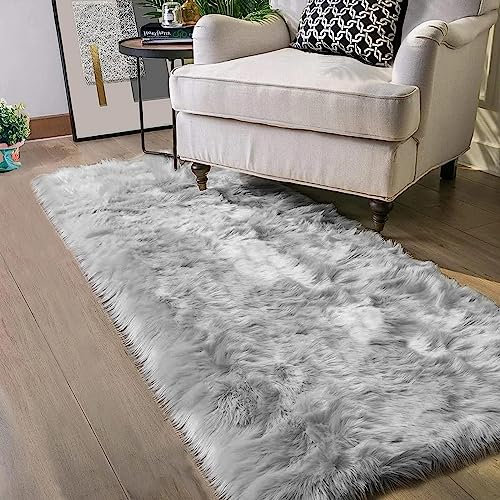 JXLOULAN Faux Lammfell Schaffell Teppich Grau 60x120 cm, Weicher Flauschiger Teppich Wohnzimmer Deko, Longhair Fell Lammfellimitat Carpet für Stühle Sofa Schlafzimmer Kinderzimmer