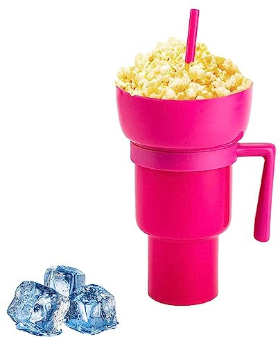 EBbels Snack Tumbler Bowl, 2 In 1 Snack and Drink Cup with Straw, Reusable Stadium Tumbler for Popcorns and Drinks, Leakproof Snack Tumbler for Adults Kids (Pink)