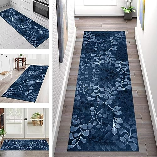 Teppich Läufer Lang Flur Küche rutschfest waschbar Korridor Tepiche Küchenläufer 50X350CM Blau Blumen Teppichläufer Matte Meterware Kücheteppich für Schlafzimmer Wohnzimmer Flurmatten Breit 40-120cm