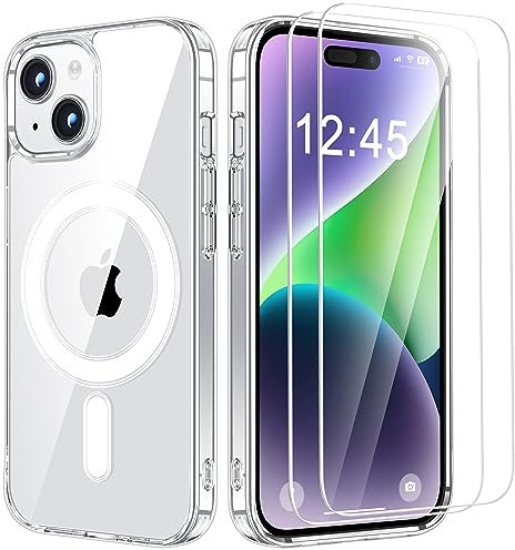 Bestcellcase Magnetic for iPhone 15 Case, [2* Tempered Glass Screen Protector] [Anti-Yellowing] [Suppport Magsafe Accessories] Shockproof Anti-Scratch Clear Phone Case Cover for iPhone 15 - Clear