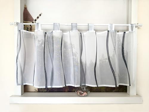 Devola Scheibengardine mit Wellenmuster Gardine Druck Kurzstore mit Schlaufen Küchengardine Kurz Modern Voile Bistrogardine Transparent HxB 60x120cm Grau 1 Stück
