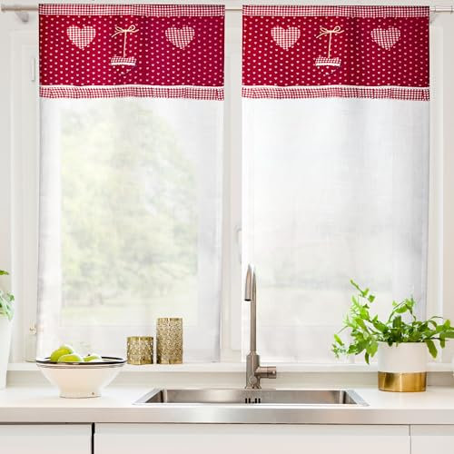 BESCH Cortina de Cocina de Lino Estampado Semitransparente 60x150cm - Visillo para Ventana de Cocina, Comedor, Marco de Puerta Pack de 2 Piezas