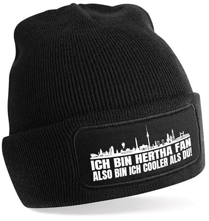 Beanie Strickmütze mit Spruch | Ich Bin Hertha Fan Also Bin ich Cooler als du! | schwarz | weiche und warme Fußball Mütze für Berlin Fan | Skyline | SoftTouch Einheitsgröße für Erwachsene