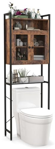 GOPLUS Mueble de Baño con 2 Puertas de Rejilla de Metal y Estante Ajustable en 3 Niveles, Armario de Inodoro Que Ahorra Espacio con Marco de Metal, Armario de Baño Multifuncional, 60 x 24 x 172 cm