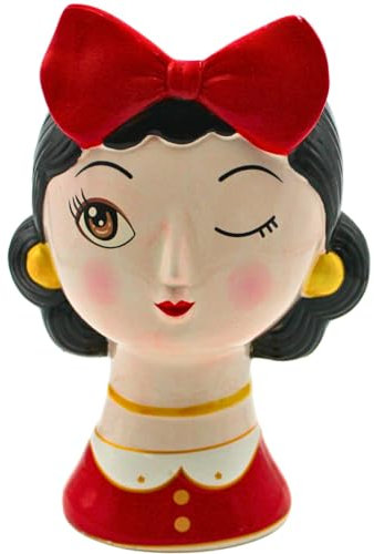 Dekohelden24 Keramik Vase mit Gesicht und Schleife, Blumenvase,Übertopf, Pflanztopf in bunt, Größe: B/H/T 15 x 23 x 13cm.