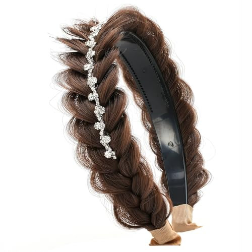 TOECWEGR Geflochtenes Haarband Kristall VerschöNert Unordentlich Breit 2 SträHnen Flauschige Zopf PerüCke Mit ZäHnen Damen Stirnband