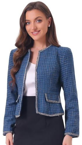 Allegra K Damen-Blazer, kariert, Tweed, Lange Ärmel, offene Vorderseite, Arbeit, Büro, Kurze Jacke, Blau, M