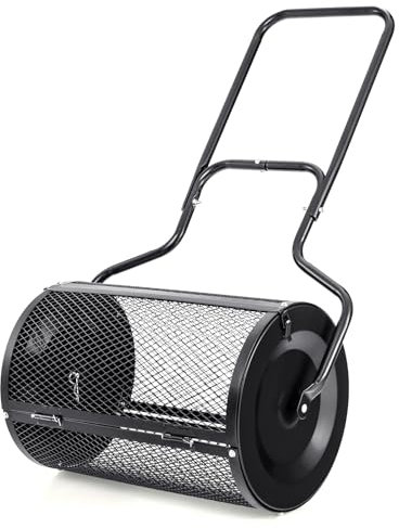 GYMAX Spandiconcime da 68 cm per la Cura del Giardino, Robusto e Leggero, in Metallo, con Doppie Serrature Laterali, Rullo Spargitore Fertilizzanti, Concime, Torba, Terreno, Muschio (Nero)