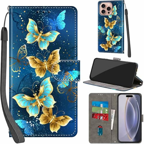 Haninsuze Case for iPhone 16 Pro, Four Butterfly | PU Leather, 3 Card Holder, Wallet Book Flip, Folio Stand View, Magnetic, Multi-Pattern Cover, Lanyard Strap