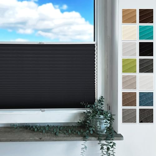 Rollmayer Plissee mit Bohren, Plisseerollo Faltrollo Sichtschutz und Sonnenschutz für Fenster und Tür Premiumqualität Falte für Zuhause, 3 Kollektionen(Binco Schwarz,B140cm x H80cm)
