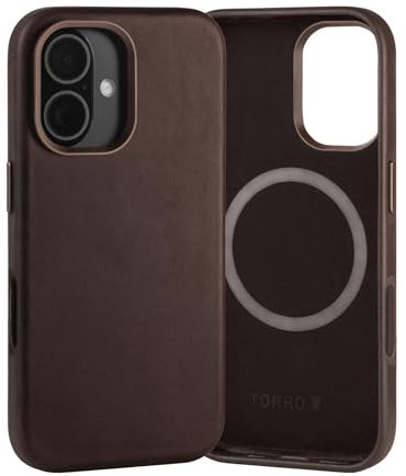 TORRO Hülle Leder Kompatibel mit iPhone 16 – Echt Leder Hülle MagSafe-kompatible Schlanke Bumper Hülle - Dunkelbraun