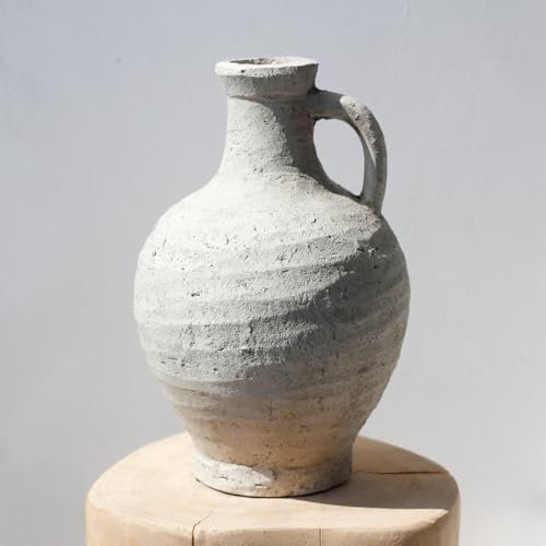 Relexome Rustic Farmhouse Terracotta Ceramic Flower Vase with Handle,12 Inch Grey White Tall Pitcher Jug Vintage Clay Stone Antique Pottery,Wabi Sabi Home Living Room Table Decor,Gift for Women Girls