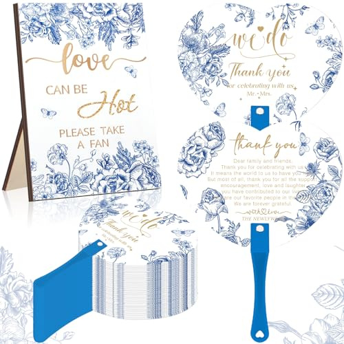 Roowest 101 Pcs Wedding Fans Gifts for Guests 100 Pcs Wedding Hand Plastic Fans and a Table Sign for Bridal Shower Party Favor Appreciation(Blue and White,Floral)