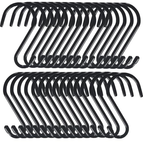 Cobenga 30 Pcs S Hooks for Hanging, 15 cm Heavy Duty Vinyl Coated S Hooks, Black Metal S Hook, Large Closet S Hooks for Hanging Plants Jeans Pot Pan Cups Towels Hats Jewelry