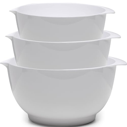 ZAROCRUS Nesting Mixing Bowls Set, 3 Piece Melamine Bowls Set, 2.5 quart, 3.5 quart, 4.5 quart, Non Slip Base with Easy Pour Spout, Kitchen Cooking and Baking Supplies, White
