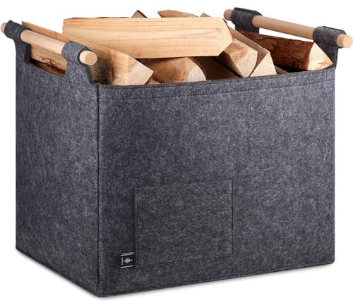 BONTHEE Log Carrier Felt Bag, Fire wood Felt Firewood ToteBag for Indoor Storage, Fireplace Wood Carrier Basket Bag with Wood Handles - Grey