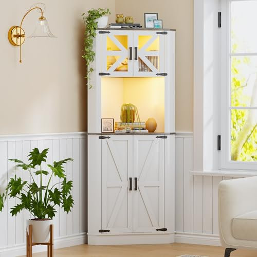 Gurexl LED Eckschrank Sideboard Buffetschrank, Landhausstil küchenschrank Mit Kabelloser Ladestation, Smart Mehrzweckschrank RGB 20-Farben Dimmbares Bücherregal