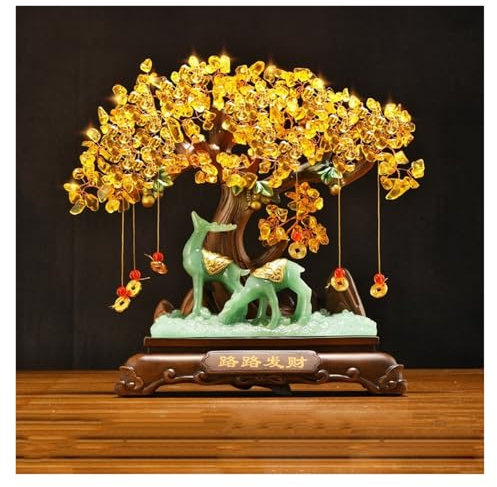WANGHAI-666 Money Tree Kristallbaum, Glücksbringer, Geldbaum, Feng Shui, Bonsai for Glück, Geld, Reichtum, Wohlstand und Erfolg, Citrin-Edelsteinbaum Feng Shui Decor Tree(Green,Mittel)