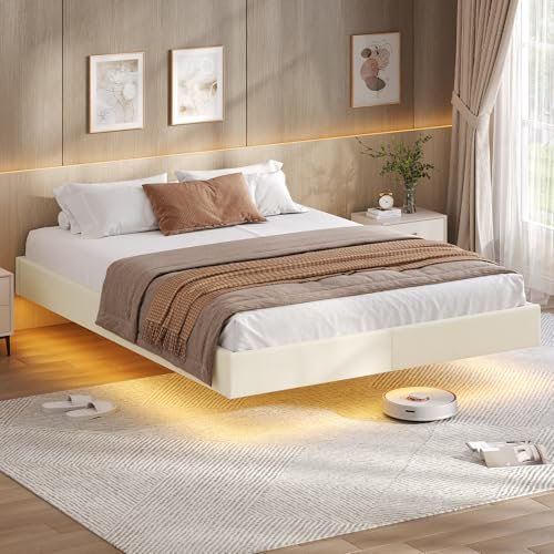 KIMENICH Bett 140 x 200 cm, Bettrahmen, Bett mit LED Beleuchtung, Schwebender visueller Effekt, Polsterbett, Bettgestell mit Lattenrost, bequem, für Schlafzimmer, Gästezimmer, PU weiß