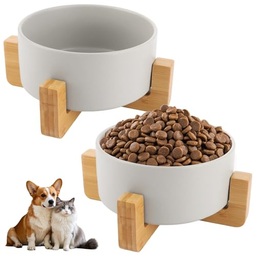 YAYODS Lot de 2 Gamelle Chien Céramique 850 ML - Gamelle Chat Élevée avec Support en Bambou - Bol Chien Grand Modèle pour Croquettes et Eau - Design Ergonomique Anti-Dérapant pour Chiens et Chats